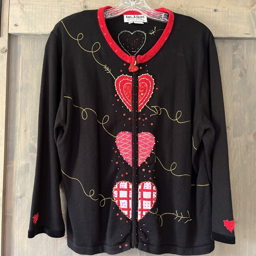 Vintage 90s Jack B. Quick Beaded Sweater Cardigan Women's XL Hearts Embroidered‎